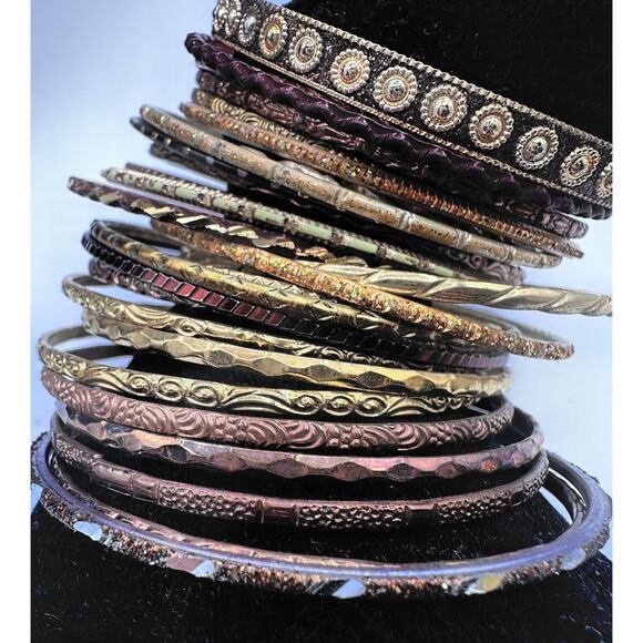 31 Boho Chic mixed metal gold & brown colored stack bangle bracelets, J-01-68 - Picture 3 of 13